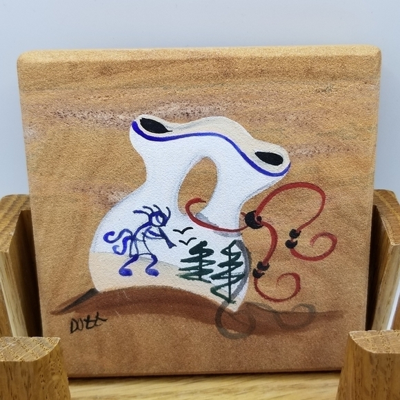 Drink Beverage Coasters Hand Painted Wood Holder Native American Southwest Set 4 - Picture 4 of 11